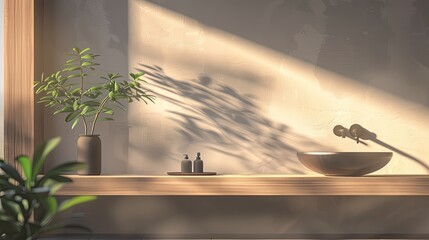 A modern bathroom interior with white walls, a wooden table and sink on a black shelf, viewed from the front.