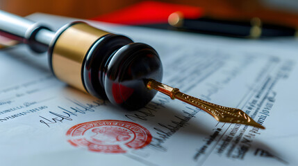 A pen is on top of a piece of paper with a stamp on it