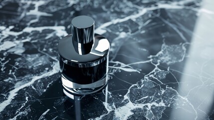 High-end perfume bottle on marble, black and silver elegance, luxury product shoot, modern advertising, detailed textures, upscale presentation