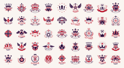 Heraldic Coat of Arms with crowns vector big set, vintage antique heraldic badges and awards collection, symbols in classic style design elements, family or business logos.