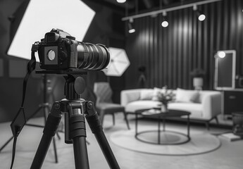 A black and white photo of a camera with a tripod in front of a couch