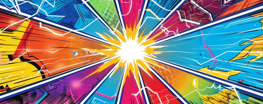 Colorful comic book page with multicolored dynamic action scene and explosion