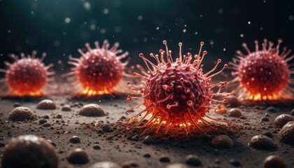 Fototapeta premium A vivid illustration of red, spiky viruses against a dark background, capturing the complexity and menacing appearance of these tiny infectious agents