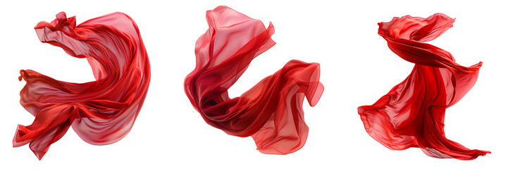 Set of  Capture the whimsical flight of Red drapery fabric as it seems to defy gravity  isolated on transparent background