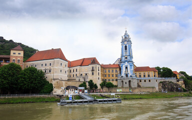 Durnstein, Lower Austria. 25-05-24  The tower of the Abbey Church, which dates to 1733, is an...