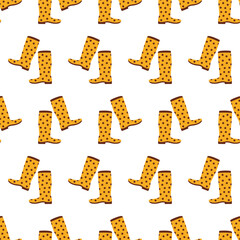 Seamless vector pattern featuring yellow polka dot rubber boots. Ideal for textiles, wallpapers, and children's products. Bright, playful design perfect for rainy day themes and cheerful decor
