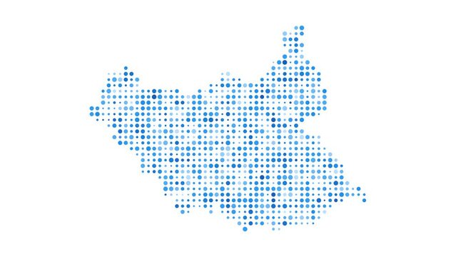 South Sudan dotted digital map. Map of South Sudan with pulsating colored circles. Shape of the country filled with blue disks. Superb video.