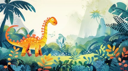 Obraz premium A whimsical and vibrant prehistoric dinosaur cartoon brimming with joy and humor designed as an isolated illustration specifically tailored for children