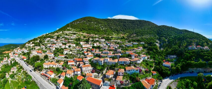 Aerial image of Vuno, a small village in Albanian Riviera 
