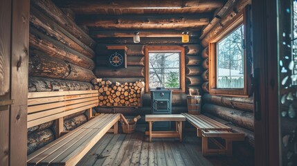 A traditional wooden bathhouse with firewood stacked beside a rustic stove, featuring steam rising and wooden benches for a classic spa experience.