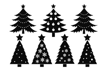 Christmas tree icons bundle, silhouettes in black color. Vintage vector icons isolated on white background. Silhouettes of christmas trees with a stars at the top. Big set for decoration.