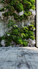 a modern design element with a lush green moss wall set against a checkered pattern grey floor, creating a striking natural and contemporary aesthetic.