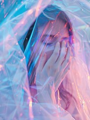 A woman is shown in a plastic bag, with her face obscured