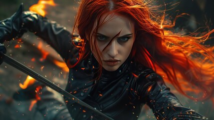 Woman Medieval warrior with red hair poses ready to attack with sword Background wallpaper AI generated image