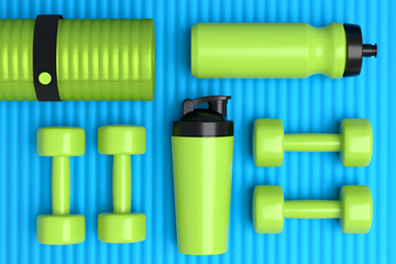 Isometric view of sport equipment like water battle, dumbbell and yoga mat