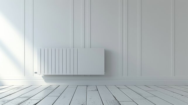 Modern heating solution with a white radiator on a clean white wall, sleek design for contemporary homes, providing warmth and comfort while maintaining a minimalist look