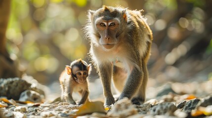 Obraz premium Mother macaque walking with her baby on a rocky terrain, close-up, capturing the detailed fur and expressive eyes, photo-realistic scene, natural light highlighting their bond