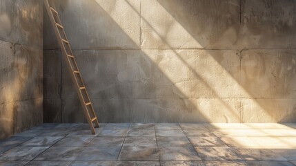 A ladder lay on the floor of an empty room with concrete walls and grey tile flooring