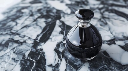 Perfume bottle on marble, black and silver tones, luxury branding, contemporary high-end style, detailed textures, premium product advertising