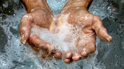 Fototapeta premium a man washing his hands with soap in a close-up photo, focusing on a white sink against an isolated background, with elements of a bathroom and flowing water visible.