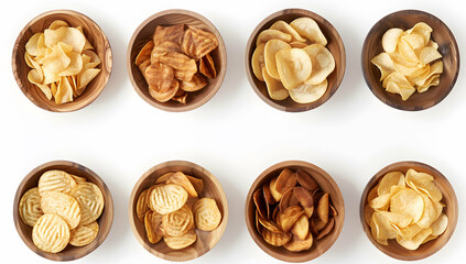 Collection of various flavored potato chips in bowls, isolated on a white background, top view
