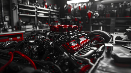 Fototapeta premium a sleek sports car engine detailed with precision, parts highlighted against a dark background