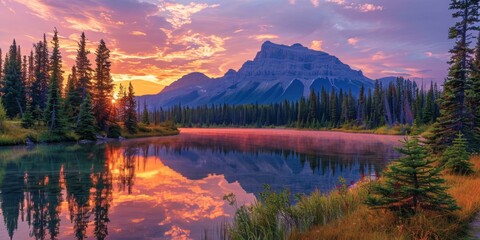 Breathtaking sunset over serene mountain lake with vibrant reflections, evergreen trees, colorful sky, and tranquil wilderness ambiance. Natural beauty scene.