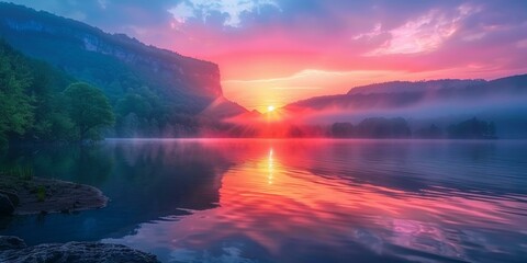 Stunning sunrise over misty mountain lake reflecting shades of pink, purple, & blue, creating tranquil atmosphere perfect for relaxation.