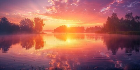 Spectacular sunset over tranquil lake with lush, green trees reflecting golden, pink hues of sky, perfect for peaceful moments, meditative themes.