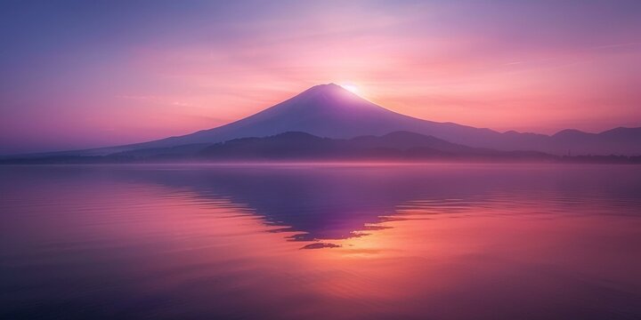 Stunning pink and purple sunrise over tranquil lake reflecting serene mountain landscape, evoking peace, tranquility, dawn. Copy space.