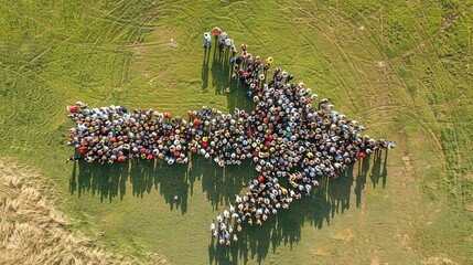 Aerial view of people forming an arrow shape in an open field: symbol of teamwork, unity and direction