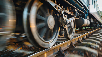 Fototapeta premium A train is shown in motion with its wheels in the foreground