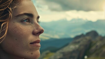 A happy woman smiles in a closeup with a beautiful mountain landscape in the background. She enjoys leisure and recreation while traveling in the natural landscape AIG50