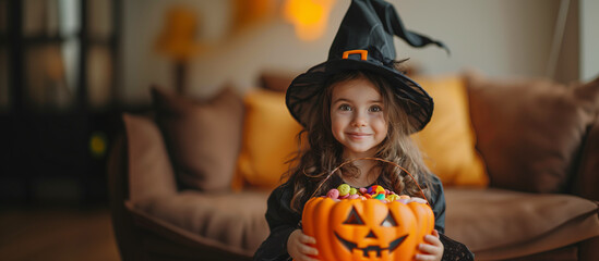 Young girl smiling dressed as a witch, holding a pumpkin-shaped basket full of candy, indoor setting, Halloween night, copy space.