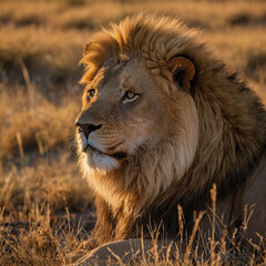 Majestic lion in its natural habitat during golden hour
