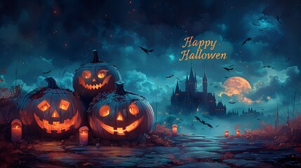 Fototapeta premium Three Jack-o'-lanterns together on a cobblestone path, with the phrase 'Happy Halloween,' eerie landscape, castle, full moon, and bats flying.