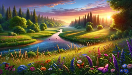 Summer landscape 14 - thickets of wild grasses and flowers on the banks of the river, forest in the distance, picturesque sky during sunset