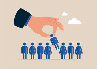 Employee recruitment or customer. Businessman hand chooses a people standing out from the crowd. Vector illustration