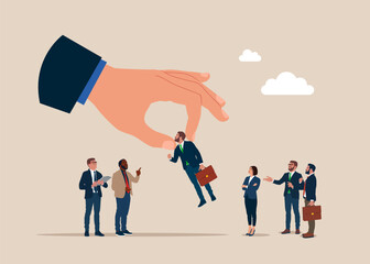 Businessman hand chooses a people standing out from the crowd. Flat vector illustration