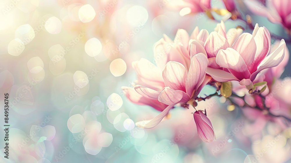 Sticker A serene scene of magnolia flowers blooming against a bokeh background perfect as a wallpaper or best-seller abstract image