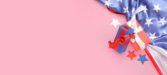 Gift boxes, USA flag and stars on pink background with space for text. American Independence Day