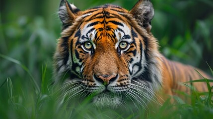 Obraz premium A captivating photograph showcasing the piercing gaze of a majestic tiger, its stripes blending seamlessly with the verdant background
