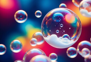 Colorful soap bubbles close-up. Macro. Washing and cleaning. Banner, poster, background. With copy space