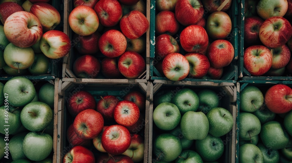 Wall mural Apples of both red and green colors showcased in crates at the market from above - Wall murals