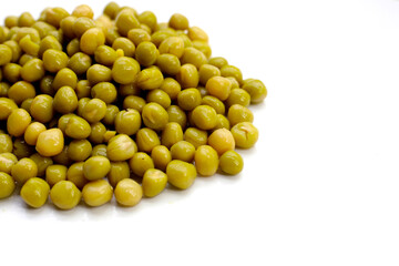 Canned green peas on white background.