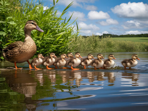 Adorables patitos junto a su madre en el lago