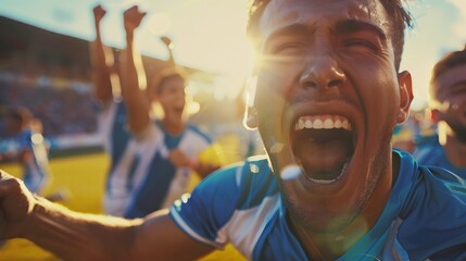 Fototapeta premium Soccer Goal Celebration: A close-up shot of a soccer player celebrating a goal with teammates, capturing the excitement and energy of the moment.