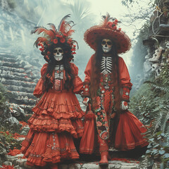 Fototapeta premium Traditional Day of the Dead Costumes: Couple in Red Attire with Skull Makeup in Mystical Garden
