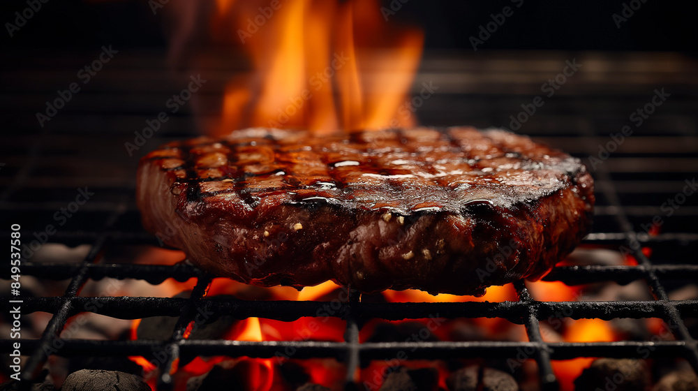 Wall mural Juicy grilled steak sizzling over an open flame on a barbecue grill, symbolizing summer cookouts and backyard BBQ celebrations - Wall murals