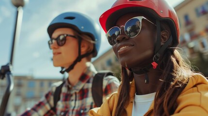 Joyful Multiracial Couple Riding Scooters in Urban Environment. Generative ai